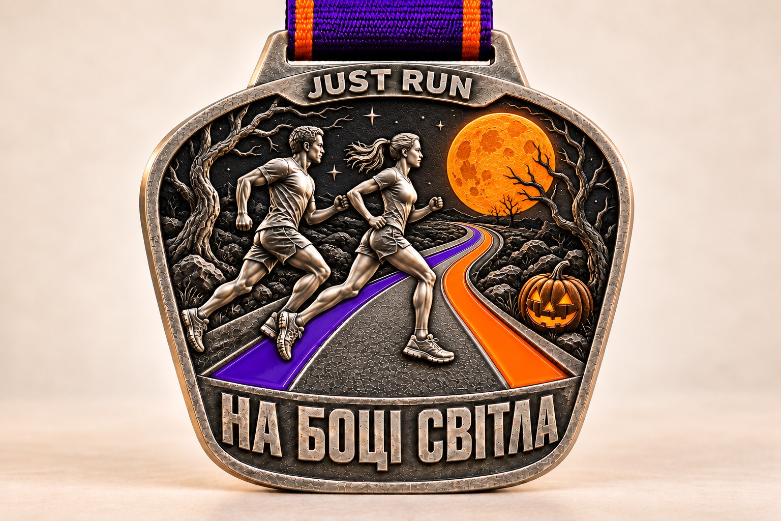 Хелловінська медаль Just Run: чоловік і жінка біжать під помаранчевим місяцем